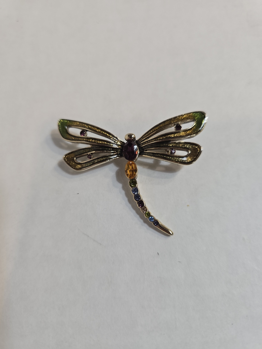 Sarah Coventry Gold-Tone Dragonfly Brooch with Green and Multicolor Stones